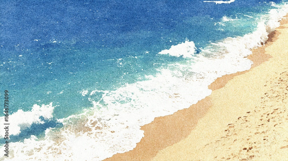 Poster a view of a beach with waves crashing on the sand.