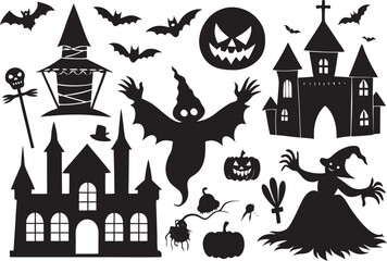 Halloween Silhouettes Spooky Castles Bats Ghosts Witch Lantern Pumpkins for Creepy Designs
