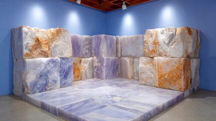 Large blocks of textured blue and white marble are stacked as a wall and floor installation against a blue wall