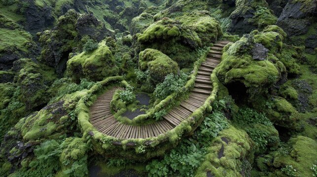 Winding wooden path through mossy landscape - Powered by Adobe