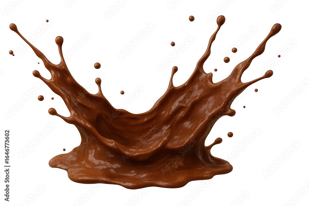 Poster chocolate liquid dramatically splashing, creating dynamic crown-like shape, revealing rich texture a