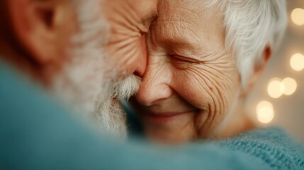 Close up of an elderly couple embracing with eyes closed and a soft blurred background of warm lights