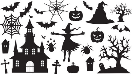 Halloween Silhouettes Spooky Vector Collection of Bats Pumpkins Witch and Haunted House