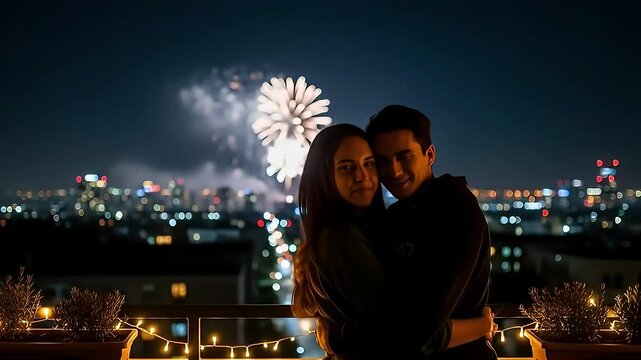 Romantic couple celebrates with fireworks over city skyline, enjoying special moment together