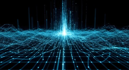 Dynamic Blue Data Stream: Futuristic Network Lines Converging, Illustrating Global Information Flow and Digital Innovation.