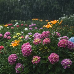Obraz premium Rain Shower on Colorful Hydrangeas and Lilies