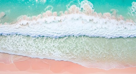 Stunning Aerial View of a Pink Sand Beach with Foaming Turquoise Ocean Waves, Evoking Tropical Paradise and Tranquility.
