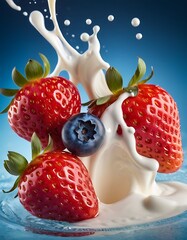 Juicy strawberries and blueberries leap into the air, wrapped in a swirl of milk splash