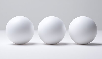 Three perfectly smooth white spheres in a row against a plain white background