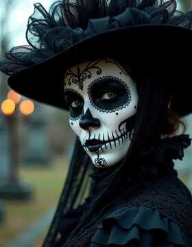 Elegant la catrina costume for day of the dead celebration featuring detailed face paint and traditional attire