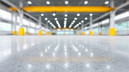 Wide empty industrial warehouse interior with overhead crane bright lights and yellow safety posts