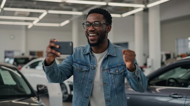 Young man smiling and taking selfies in a car dealership with cheerful expression and casual denim jacket