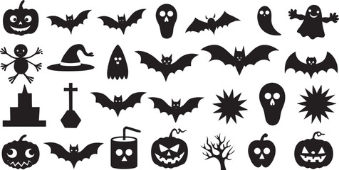 Fototapeta premium Halloween Silhouettes Collection of Bats Ghosts Pumpkins and Other Spooky Elements