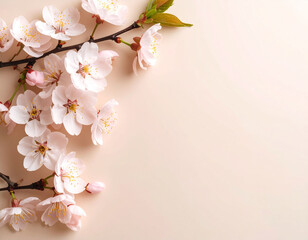 Obraz premium Delicate branches of light pink cherry blossoms, some in full bloom and others as closed buds, are arranged on a soft beige background. A fallen petal rests gently near the center, creating a peaceful