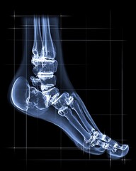 A medical X-ray of a human foot and ankle, showing the detailed skeletal anatomy for orthopedic diagnosis.