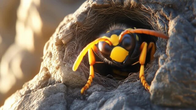 Dynamic Macro Shot: Yellowjacket Wasp Peeking from its Intricate Underground Nest Entrance