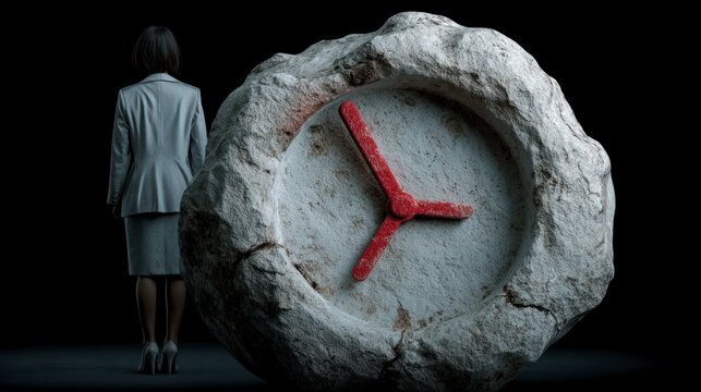 Woman in suit stands beside ancient stone clock with red hands on dark background