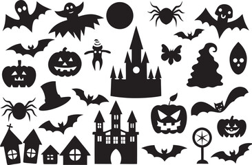 Fototapeta premium Halloween Silhouette Collection Bats Pumpkins Ghosts Spiders and Haunted Houses