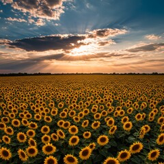 Fototapeta premium Vibrant Yellow Sunflower Field at Sunset