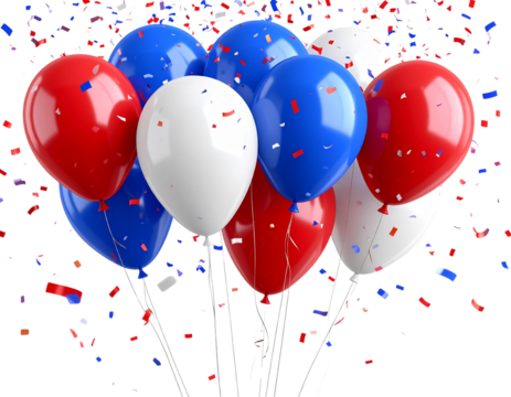 3D red, white, and blue balloons with confetti isolated on transparent background PNG