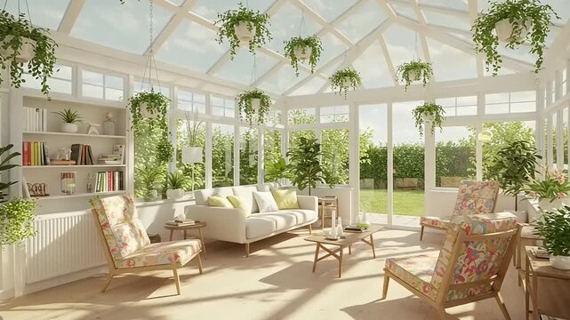 Bright and airy sunroom with plants and cozy seating