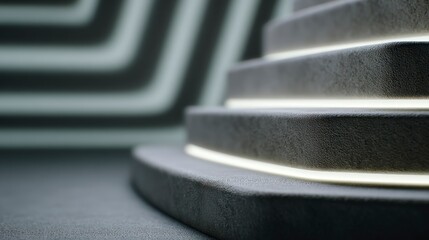 Curved gray staircase steps with soft white illumination and abstract background lines