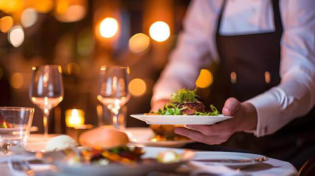 Waiter Serving gourmet dish in fine dining restaurant