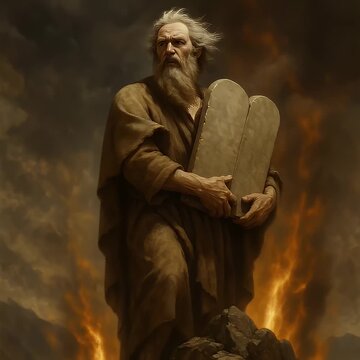 Realistic Cinematic Scene of Moses Receiving the Ten Commandments on Mount Sinai Amid Thunder and Fire