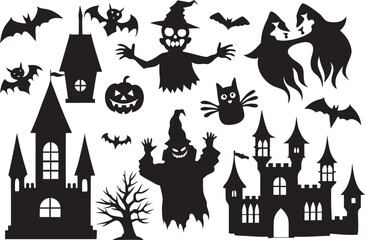 Halloween Silhouette Collection Spooky Castles Bats Ghosts and Witches for Festive Designs