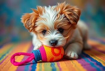 Fluffy puppy playfully pounces on vibrant squeaky toy, squeaky toy, happy