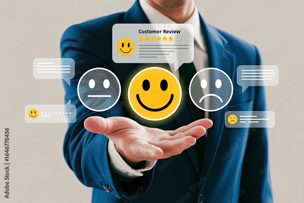 Poster businessman holding glowing icons representing customer feedback and satisfaction levels with positi