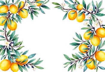 Elegant watercolor floral Italian wedding invitation template, featuring olive branches and lemons,  event,  announcement