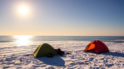 Winter fishing at sea. Tents, snow, sea.