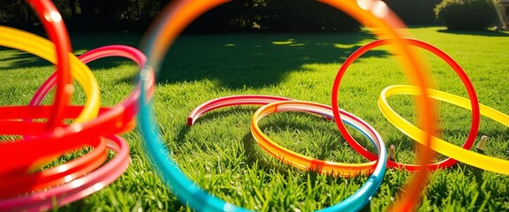 Colorful plastic hoops twirled on a sunny green lawn, children, game