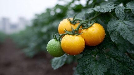 A cluster of ripe yellow tomatoes and one green tomato on a vine covered in water droplets