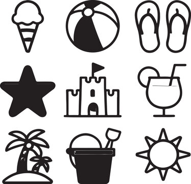 Icon Set of Ice Cream, Sports, Building, and Business Symbols in Monochrome on a Clean White Background, Simple Vector-Style Design for Interface