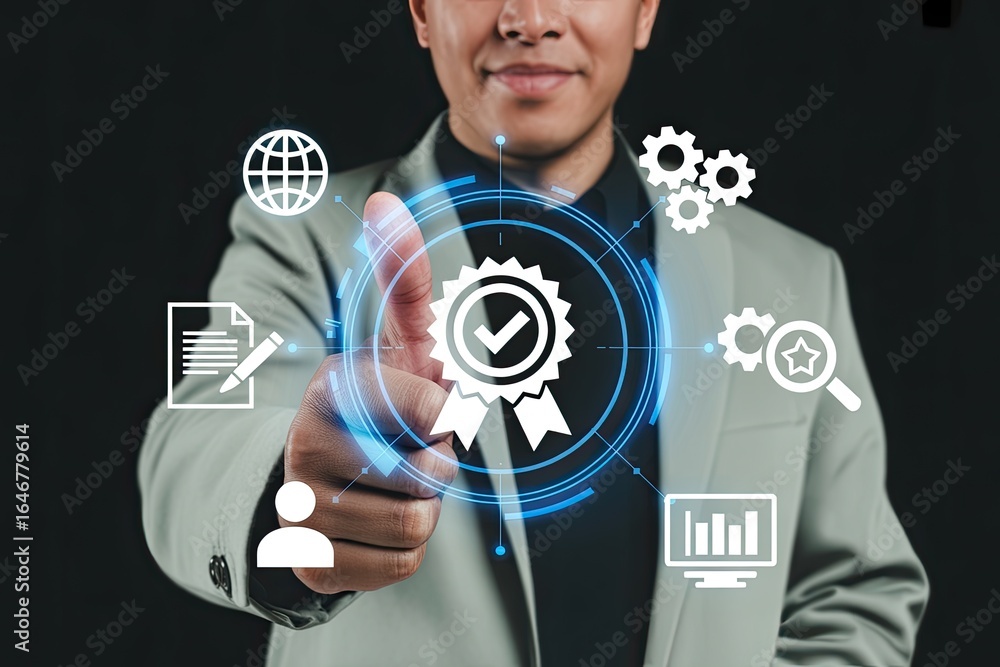 Poster businessman interacting with a digital interface showcasing quality assurance and business process i