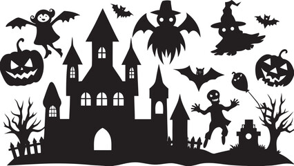 Spooky Halloween Silhouette Collection Castle Pumpkins Ghosts Bats and More