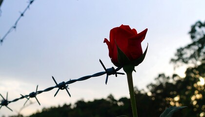 A single red rose blooms before a barbed wire fence, silhouetted against a twilight sky