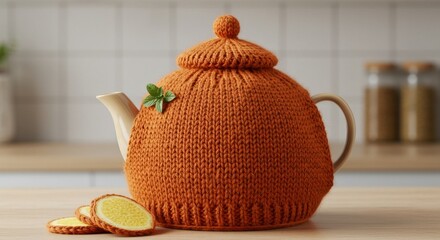 Orange Knitted Teapot Cozy on Wooden Table