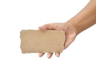 Man's hand holding a torn blank note paper isolated on white background 