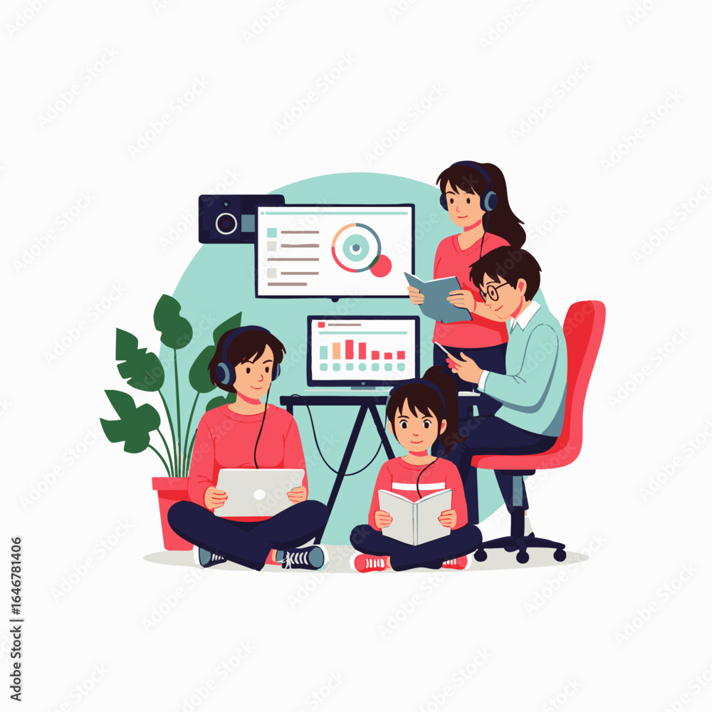 Poster a diverse group of individuals collaboratively engages in digital learning and data analysis using v