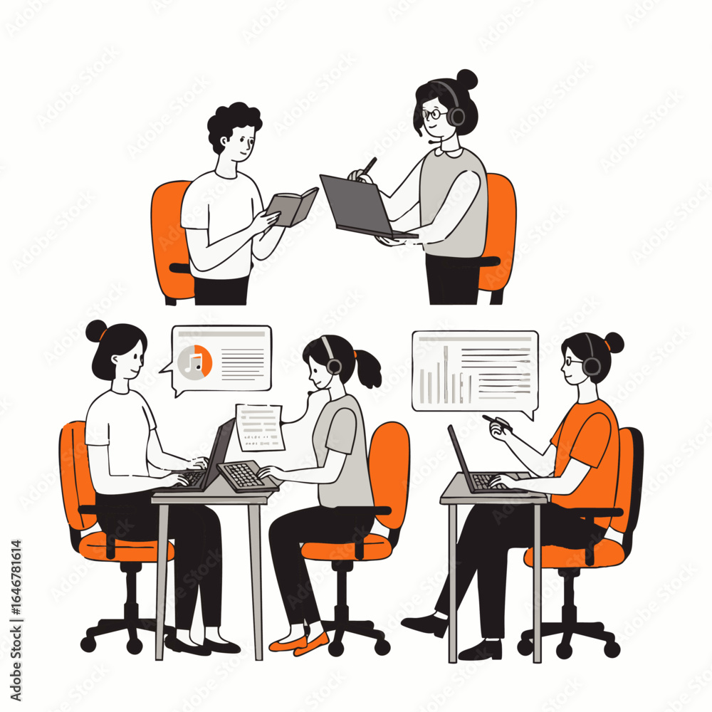 Poster a contemporary illustration depicts individuals collaborating and communicating, utilizing technolog