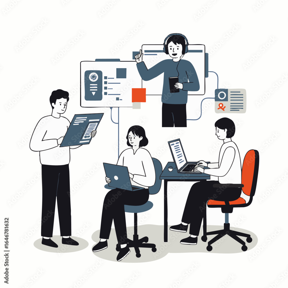 Poster three diverse professionals engage in a dynamic collaborative work session, utilizing modern technol