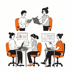 Fototapeta premium A contemporary illustration depicts individuals collaborating and communicating, utilizing technology for effective teamwork and problem-solving in a modern office setting.