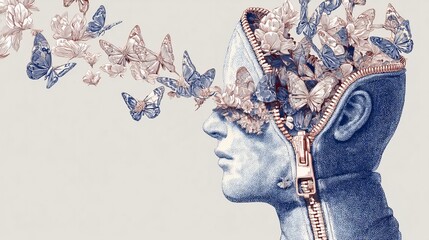 Surreal artwork of a male figure with a zipper, revealing butterflies and flowers.