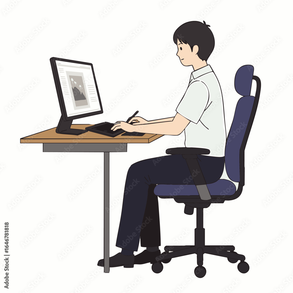 Poster this illustration captures a focused individual utilizing a computer and graphics tablet while seate