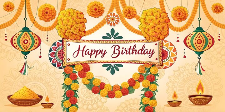Vibrant indian happy birthday celebration with marigolds and lanterns - Powered by Adobe