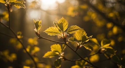 Obraz premium Golden Sunlight Illuminates Vibrant Green Spring Leaves