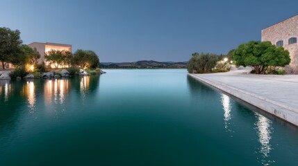 Obraz premium Modern architecture by calm water with reflections of lights and trees